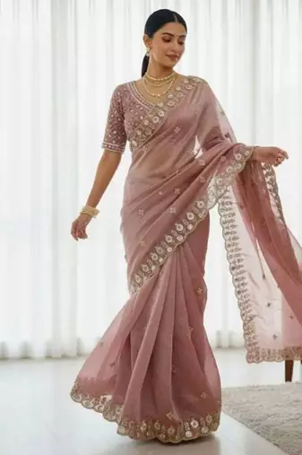 Peach satin embroidered sequins work heavy look ethnic saree with blouse