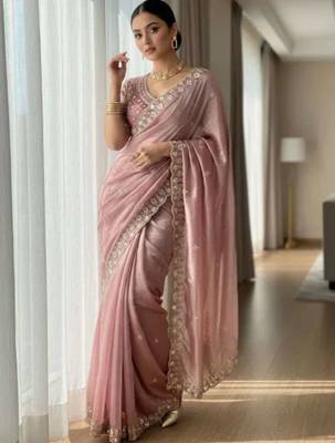 Peach satin embroidered sequins work heavy look ethnic saree with blouse 4