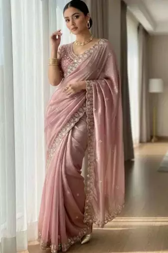 Peach satin embroidered sequins work heavy look ethnic saree with blouse
