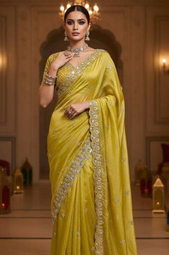 Yellow satin embroidered sequins work heavy look ethnic saree with blouse