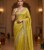 Yellow satin embroidered sequins work heavy look ethnic saree with blouse