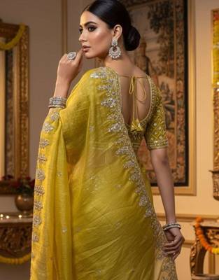 Yellow satin embroidered sequins work heavy look ethnic saree with blouse 2