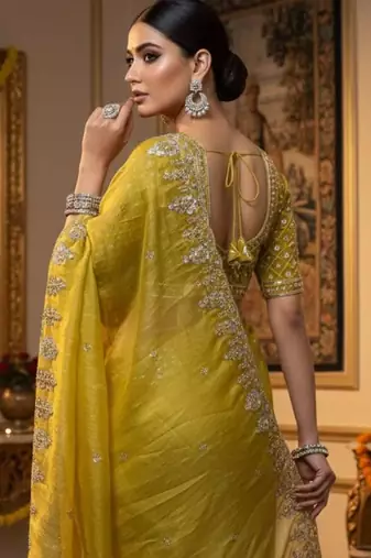 Yellow satin embroidered sequins work heavy look ethnic saree with blouse