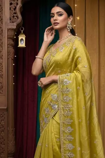 Yellow satin embroidered sequins work heavy look ethnic saree with blouse