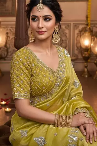 Yellow satin embroidered sequins work heavy look ethnic saree with blouse