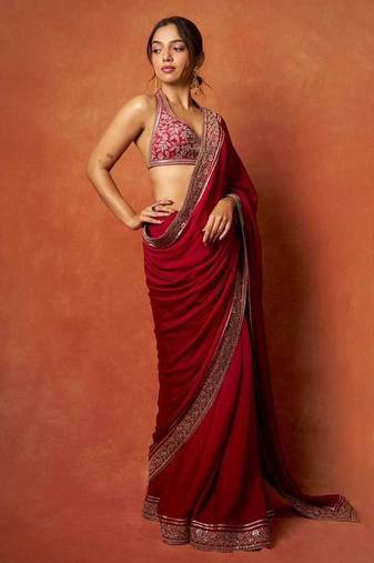 Red satin embroidered sequins work heavy look ethnic saree with blouse