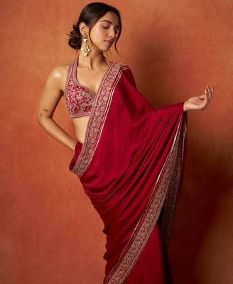 Red satin embroidered sequins work heavy look ethnic saree with blouse 2