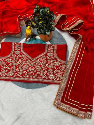 Red satin embroidered sequins work heavy look ethnic saree with blouse 4