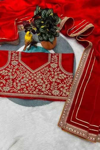Red satin embroidered sequins work heavy look ethnic saree with blouse