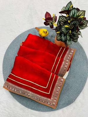 Red satin embroidered sequins work heavy look ethnic saree with blouse 5