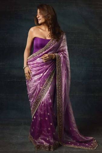 Purple silk embroidered sequins work heavy look ethnic saree with blouse