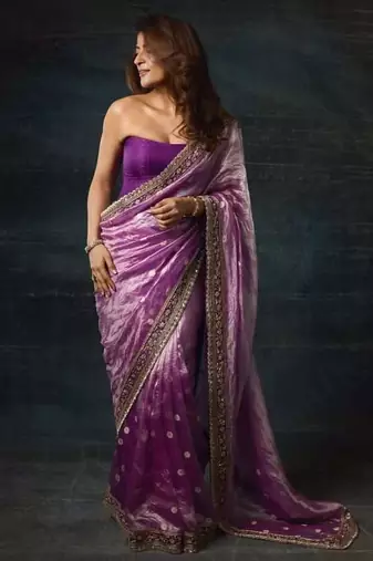 Purple silk embroidered sequins work heavy look ethnic saree with blouse