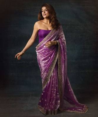 Purple silk embroidered sequins work heavy look ethnic saree with blouse 2