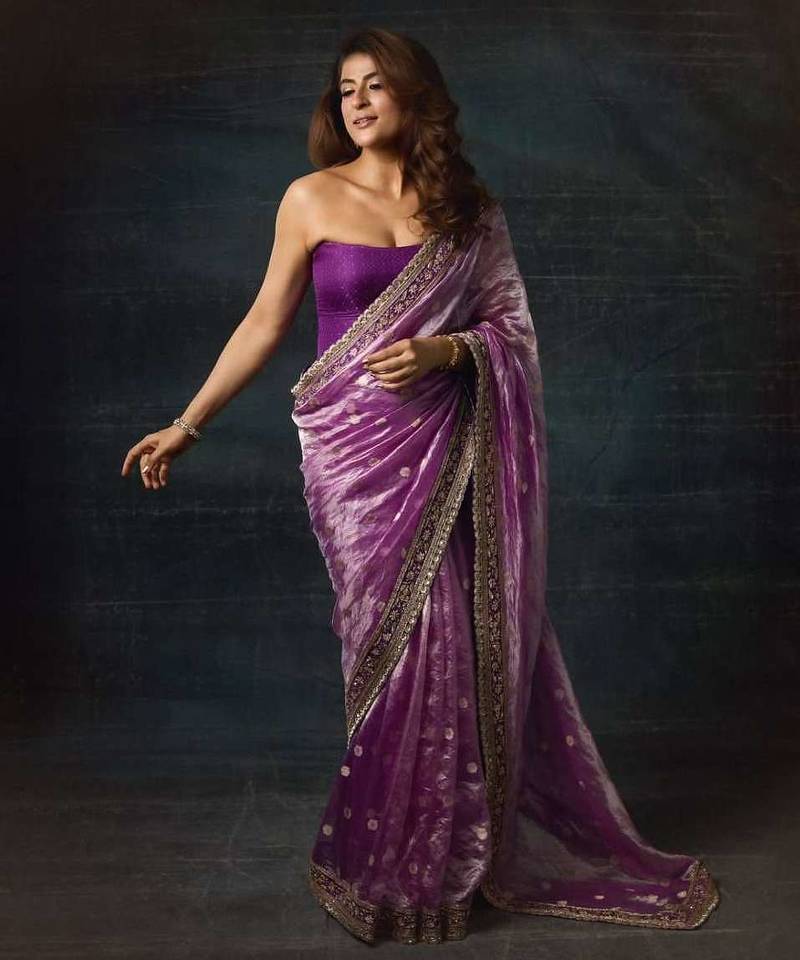 Purple silk embroidered sequins work heavy look ethnic saree with blouse