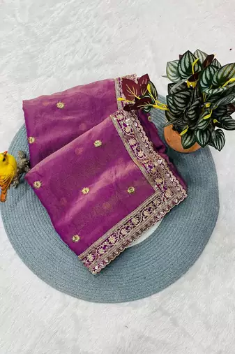 Purple silk embroidered sequins work heavy look ethnic saree with blouse