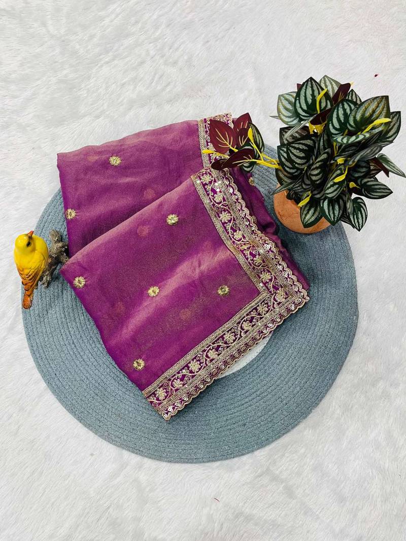Purple silk embroidered sequins work heavy look ethnic saree with blouse