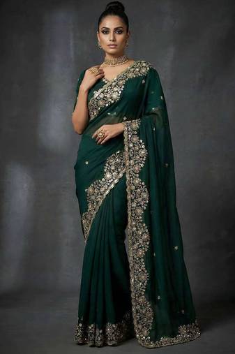 Green satin embroidered sequins work heavy look ethnic saree with blouse
