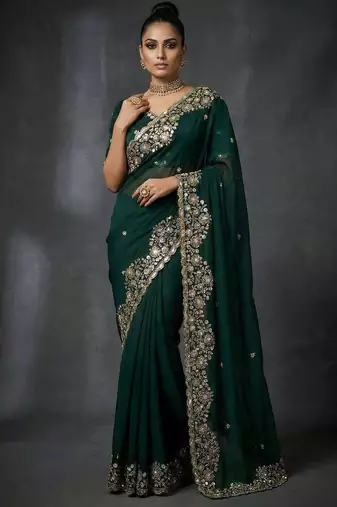 Green satin embroidered sequins work heavy look ethnic saree with blouse