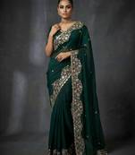 Green satin embroidered sequins work heavy look ethnic saree with blouse