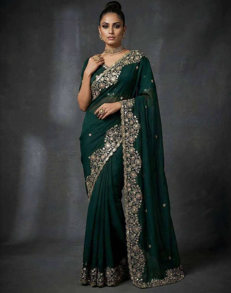 Green satin embroidered sequins work heavy look ethnic saree with blouse