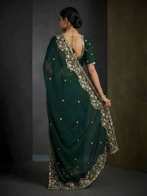 Green satin embroidered sequins work heavy look ethnic saree with blouse 2