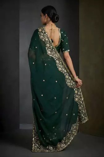 Green satin embroidered sequins work heavy look ethnic saree with blouse