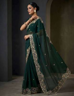 Green satin embroidered sequins work heavy look ethnic saree with blouse 3