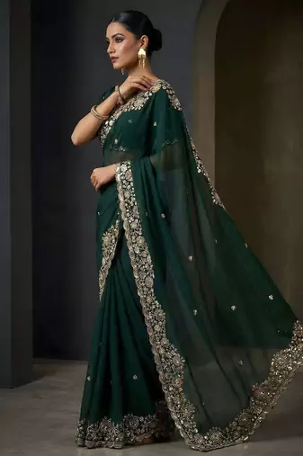 Green satin embroidered sequins work heavy look ethnic saree with blouse