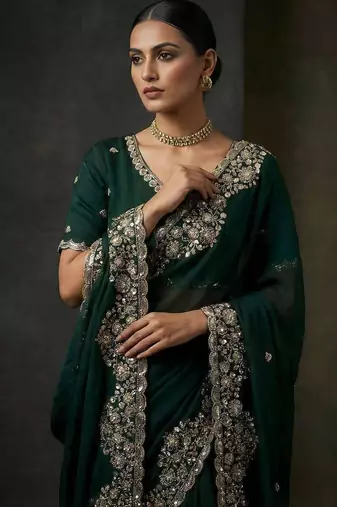 Green satin embroidered sequins work heavy look ethnic saree with blouse