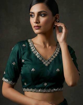 Green satin embroidered sequins work heavy look ethnic saree with blouse 5