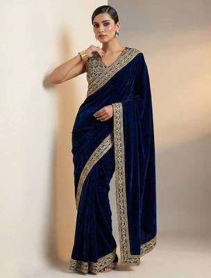 Blue velvet embroidered sequins work heavy look ethnic saree with blouse 1