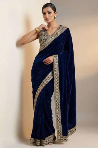 Blue velvet embroidered sequins work heavy look ethnic saree with blouse