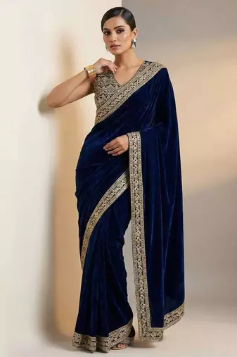 Blue velvet embroidered sequins work heavy look ethnic saree with blouse