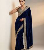 Blue velvet embroidered sequins work heavy look ethnic saree with blouse