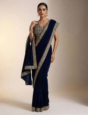 Blue velvet embroidered sequins work heavy look ethnic saree with blouse 2
