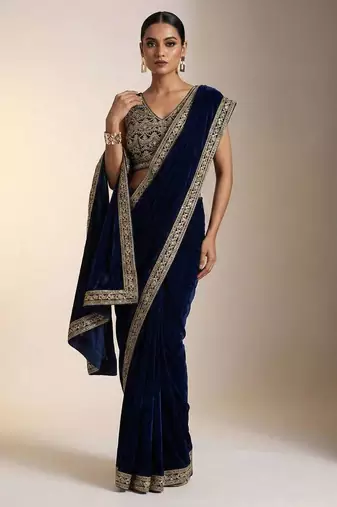 Blue velvet embroidered sequins work heavy look ethnic saree with blouse