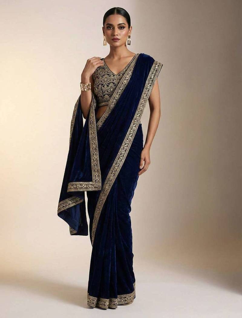 Blue velvet embroidered sequins work heavy look ethnic saree with blouse