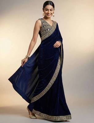 Blue velvet embroidered sequins work heavy look ethnic saree with blouse 3