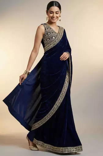 Blue velvet embroidered sequins work heavy look ethnic saree with blouse