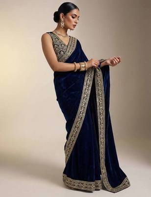 Blue velvet embroidered sequins work heavy look ethnic saree with blouse 4