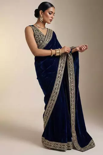 Blue velvet embroidered sequins work heavy look ethnic saree with blouse