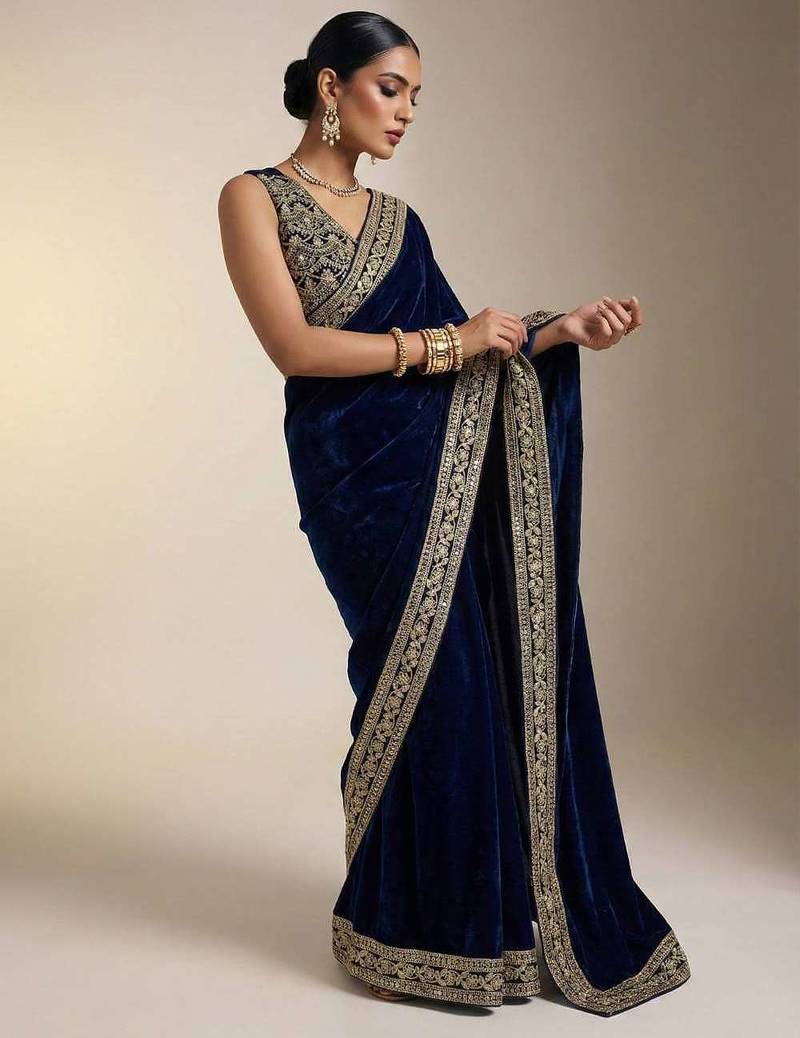 Blue velvet embroidered sequins work heavy look ethnic saree with blouse