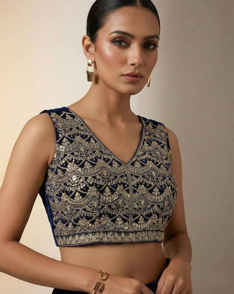 Blue velvet embroidered sequins work heavy look ethnic saree with blouse
