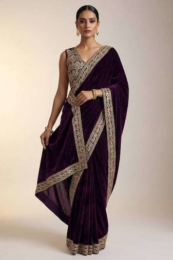 Maroon velvet embroidered sequins work heavy look ethnic saree with blouse