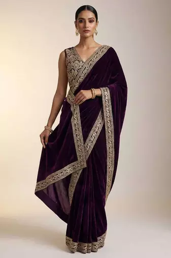 Maroon velvet embroidered sequins work heavy look ethnic saree with blouse