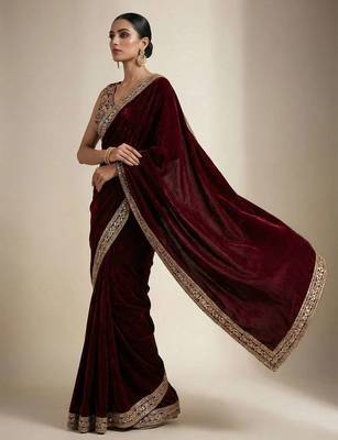 Maroon velvet embroidered sequins work heavy look ethnic saree with blouse 2