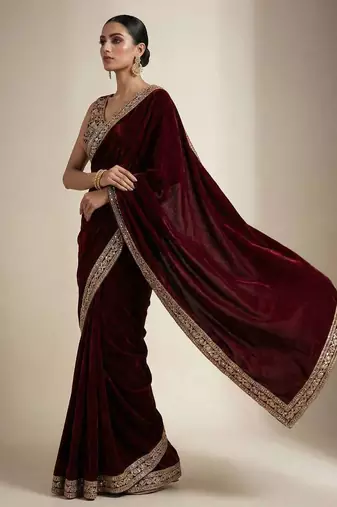 Maroon velvet embroidered sequins work heavy look ethnic saree with blouse