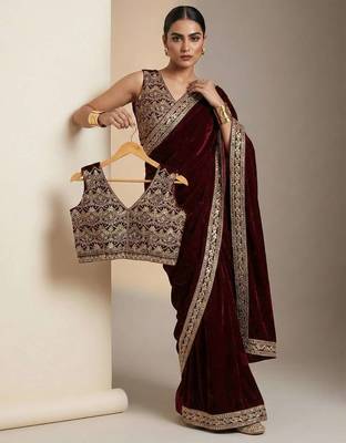 Maroon velvet embroidered sequins work heavy look ethnic saree with blouse 3