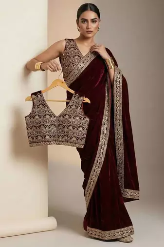 Maroon velvet embroidered sequins work heavy look ethnic saree with blouse