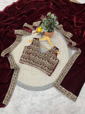 Maroon velvet embroidered sequins work heavy look ethnic saree with blouse 5